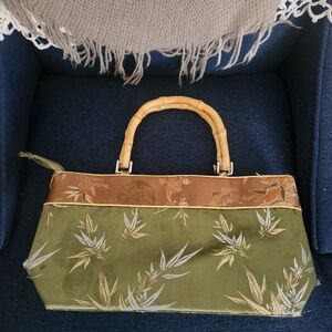 Vintage Green Oriental Style Bamboo Handle Purse.